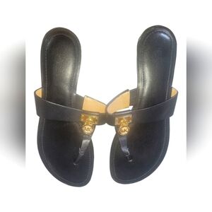 Michael Kors Black Leather Hamilton Women's Sandals with Gold MK Locket 8M/38.5